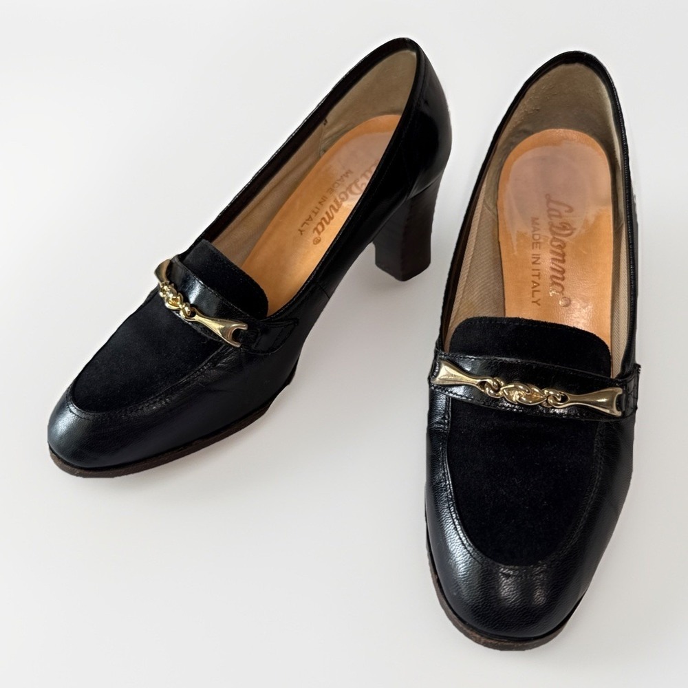 VTG 80s La Donna Black Leather Suede Gold Hardware Loafer High Heels 5M FLAW